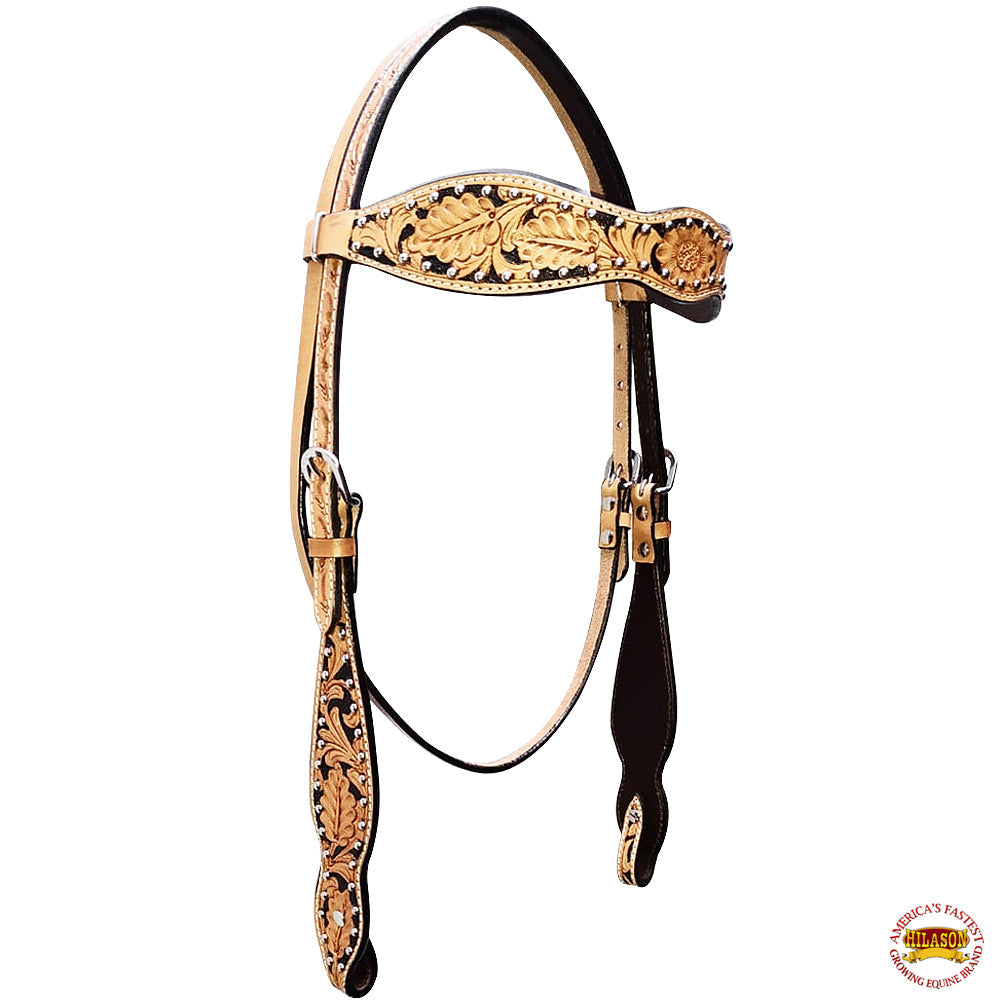 Hilason Western Horse Headstall Breast Collar American Leather Carved Tan Black