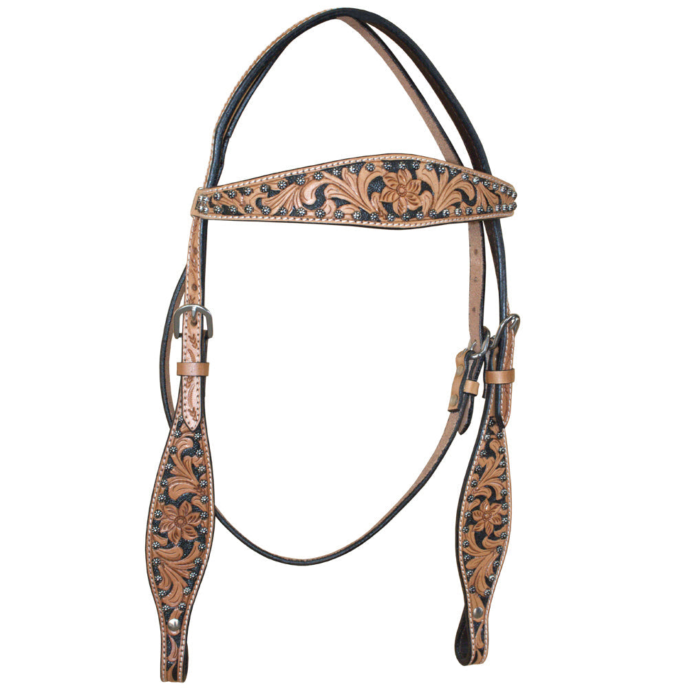 Hilason Western Horse Headstall American Leather Floral Tan Black Inlay