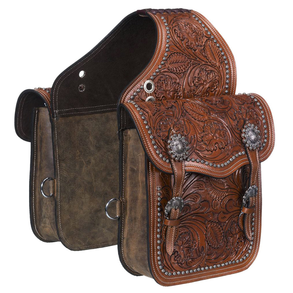 Tough 1 Leather Floral Oak Leaf Tooled Horse Saddle Bag Medium Oil