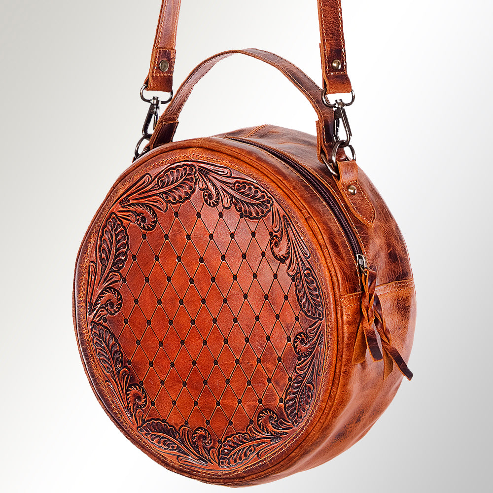 American Darling Western Canteen Bag Hand Tooled Floral Carved Genuine Vegetable Tanned Leather Round Crossbody Purse