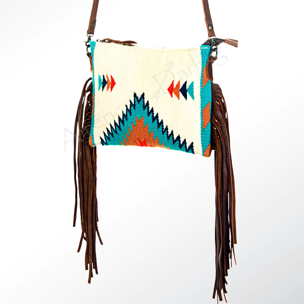 American Darling Western Cross body Bag Hand Tooled Floral Leather & Hand Woven Saddle Blanket with Fringes