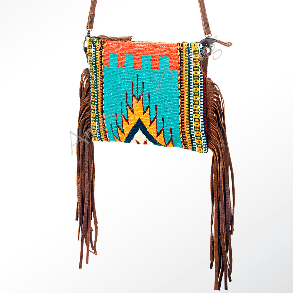 American Darling Western Cross body Bag Hand Tooled Floral Leather & Hand Woven Saddle Blanket with Fringes