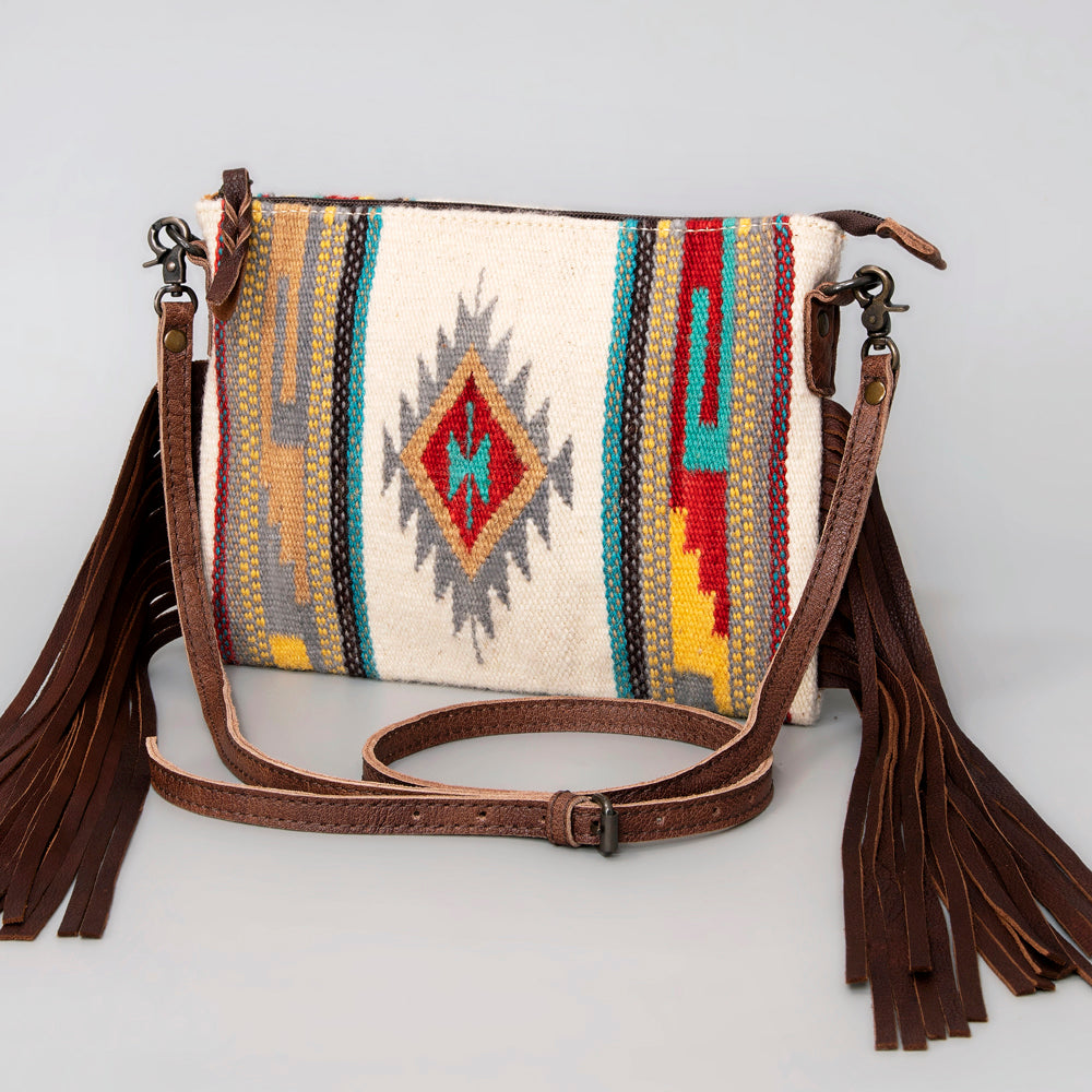American Darling Western Cross body Bag Hand Tooled Floral Leather & Hand Woven Saddle Blanket with Fringes