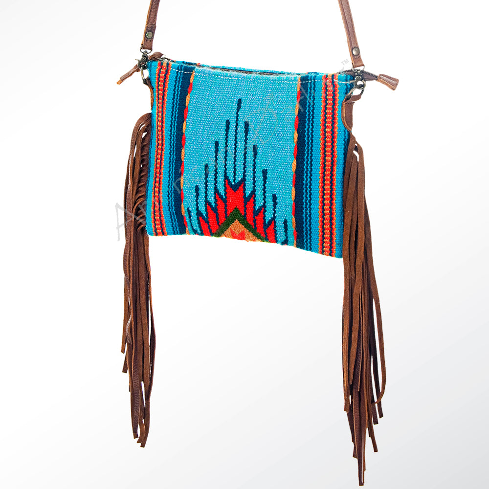 American Darling Western Cross body Bag Hand Tooled Floral Leather & Hand Woven Saddle Blanket with Fringes