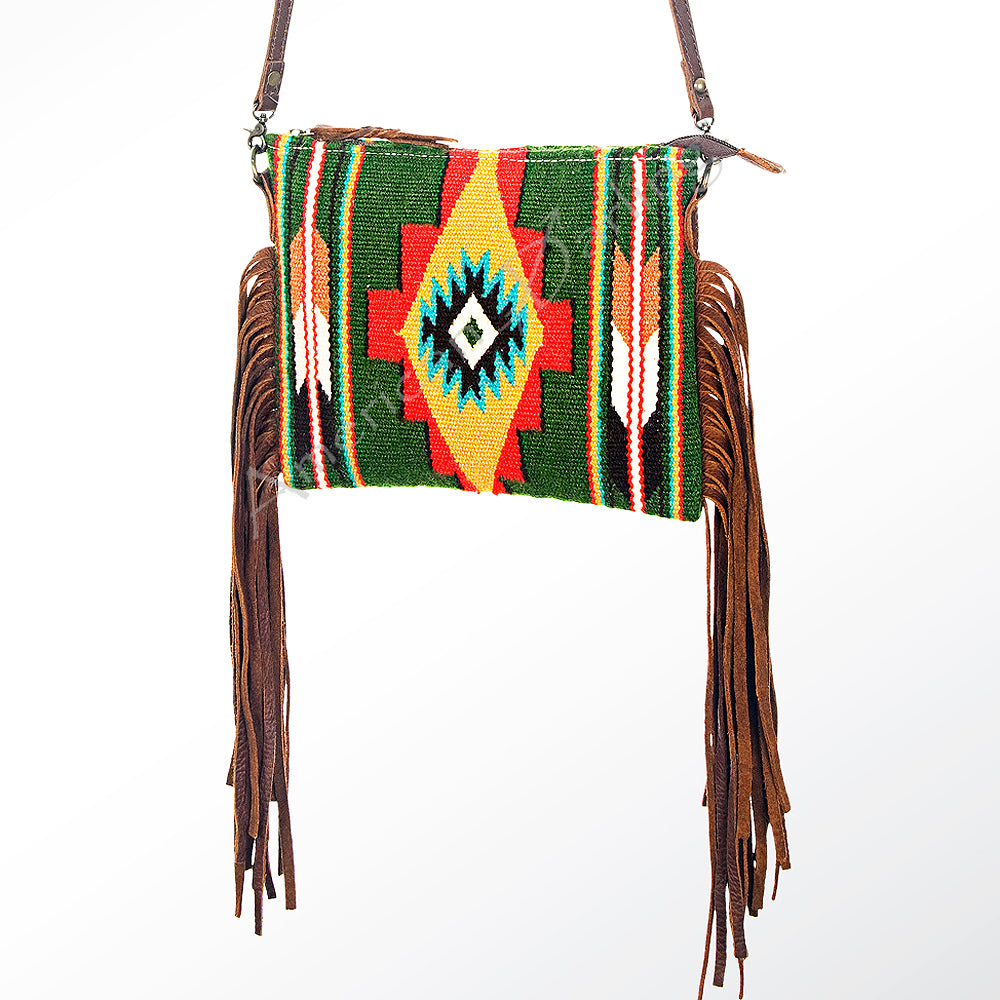 American Darling Western Cross body Bag Hand Tooled Floral Leather & Hand Woven Saddle Blanket with Fringes