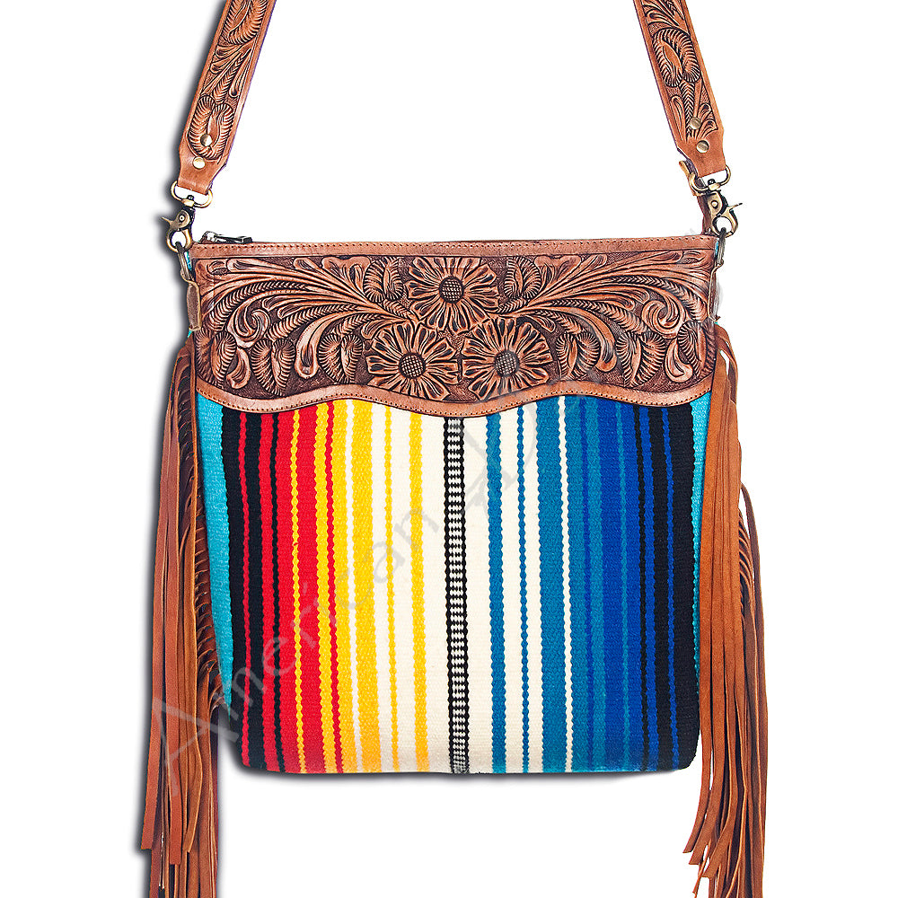 American Darling Signature CrossBody Hand Tooled Saddle Blanket Fabric Genuine Leather Western Women Bag Handbag Purse Cute