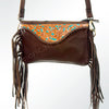 American Darling Small Cross body Bag Hand Tooled Floral Carved Fringes Genuine Vegetable Tanned Leather 5in x 8in