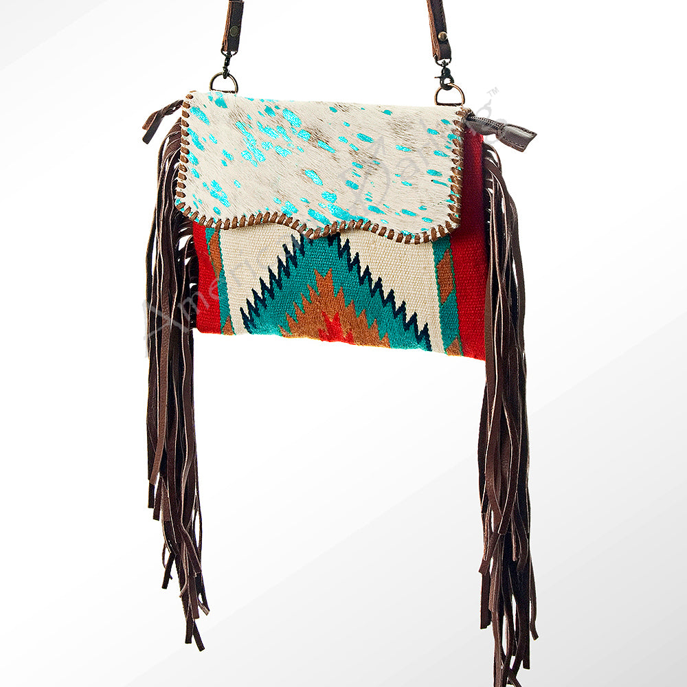 American Darling Western Cross body Bag Hand Tooled Floral Leather & Hand Woven Saddle Blanket with Fringes