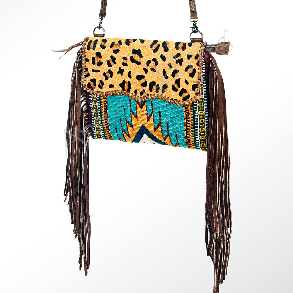 American Darling Western Cross body Bag Hand Tooled Floral Leather & Hand Woven Saddle Blanket with Fringes