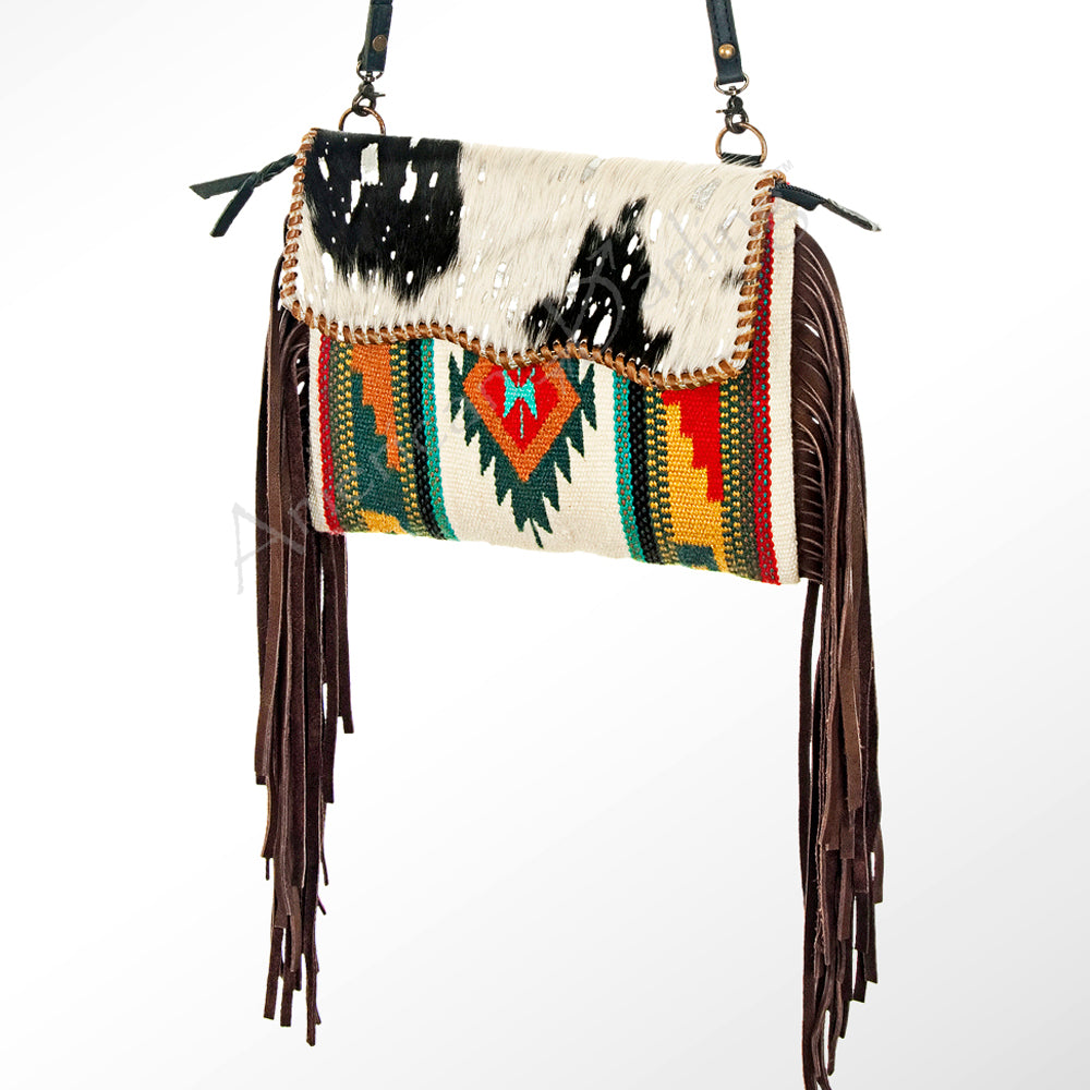 American Darling Western Cross body Bag Hand Tooled Floral Leather & Hand Woven Saddle Blanket with Fringes