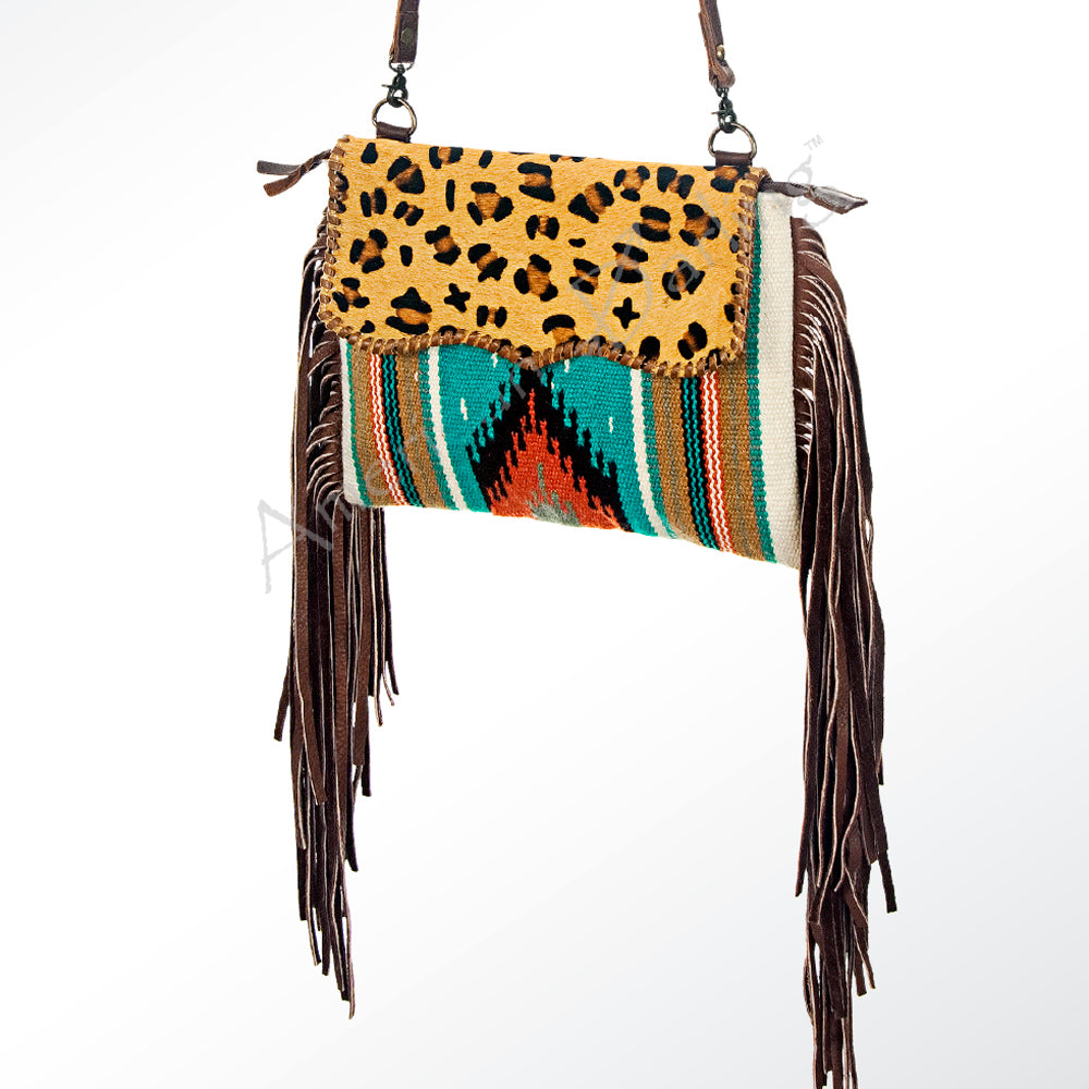 American Darling Western Cross body Bag Hand Tooled Floral Leather & Hand Woven Saddle Blanket with Fringes