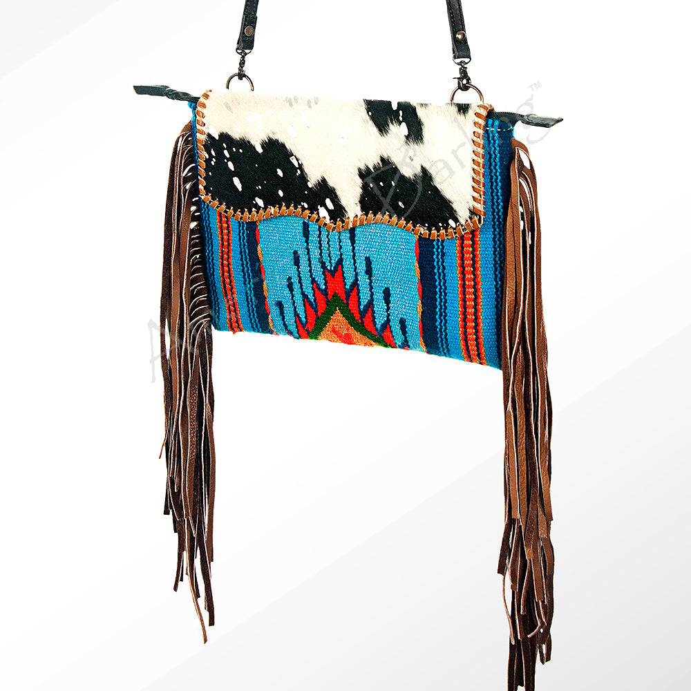 American Darling Western Cross body Bag Hand Tooled Floral Leather & Hand Woven Saddle Blanket with Fringes