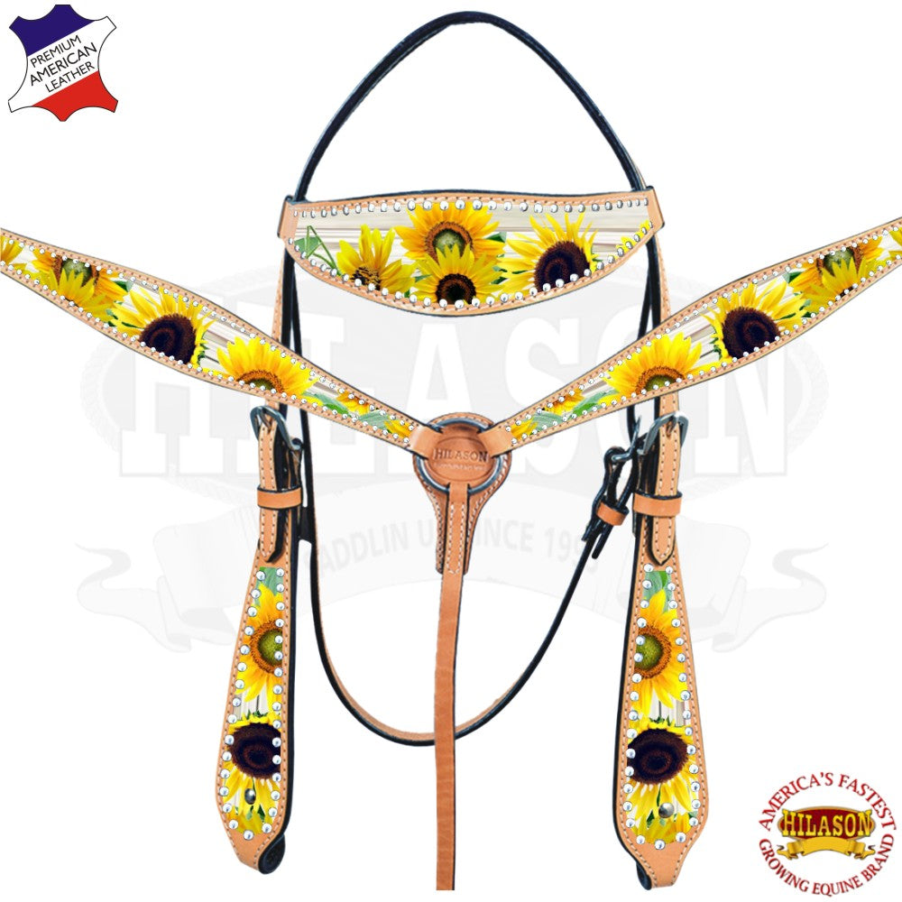 HILASON Western Horse Headstall Breast Collar American Leather Sunflower | Tack Set for Horses