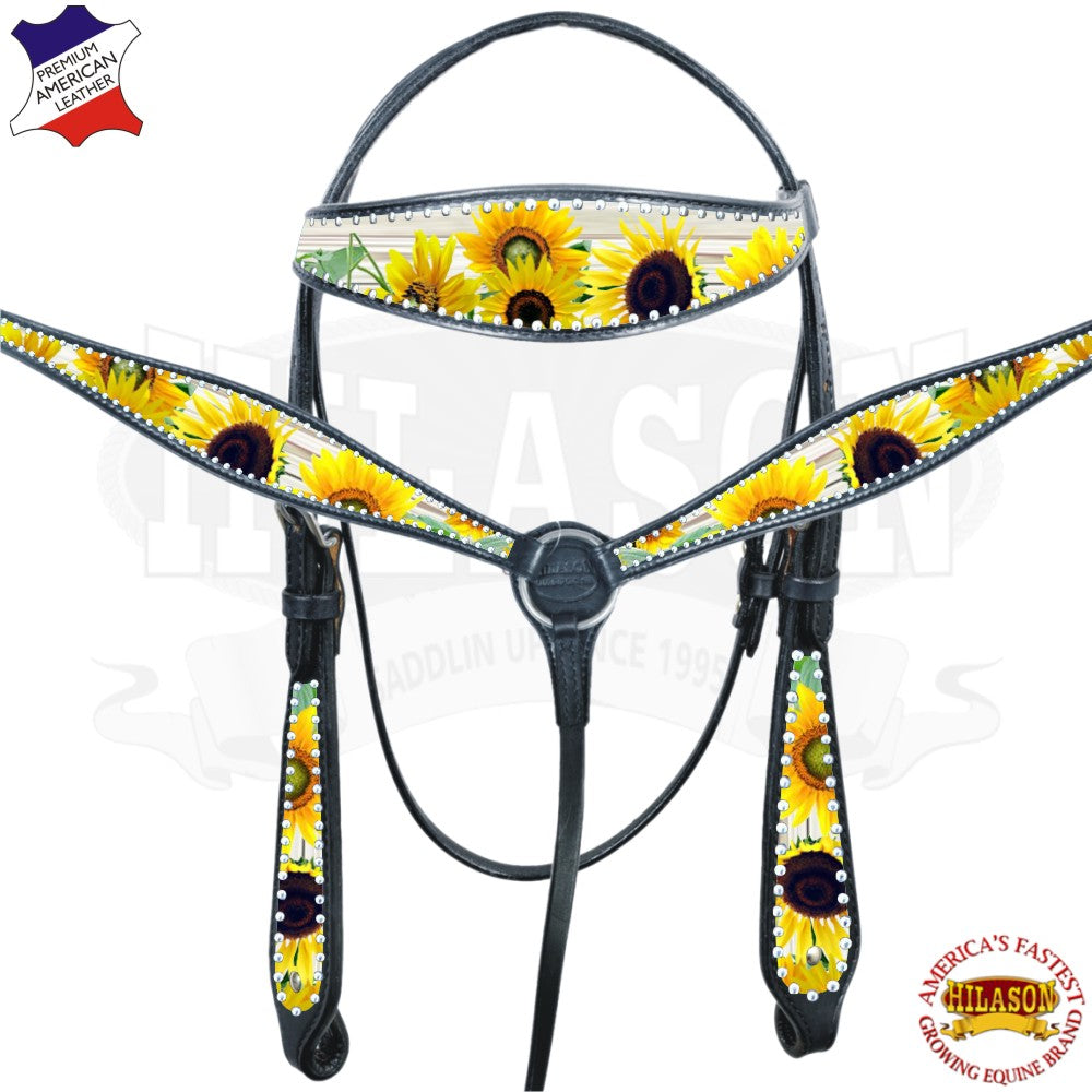 HILASON Western Horse Headstall Breast Collar American Leather Sunflower | Tack Set for Horses