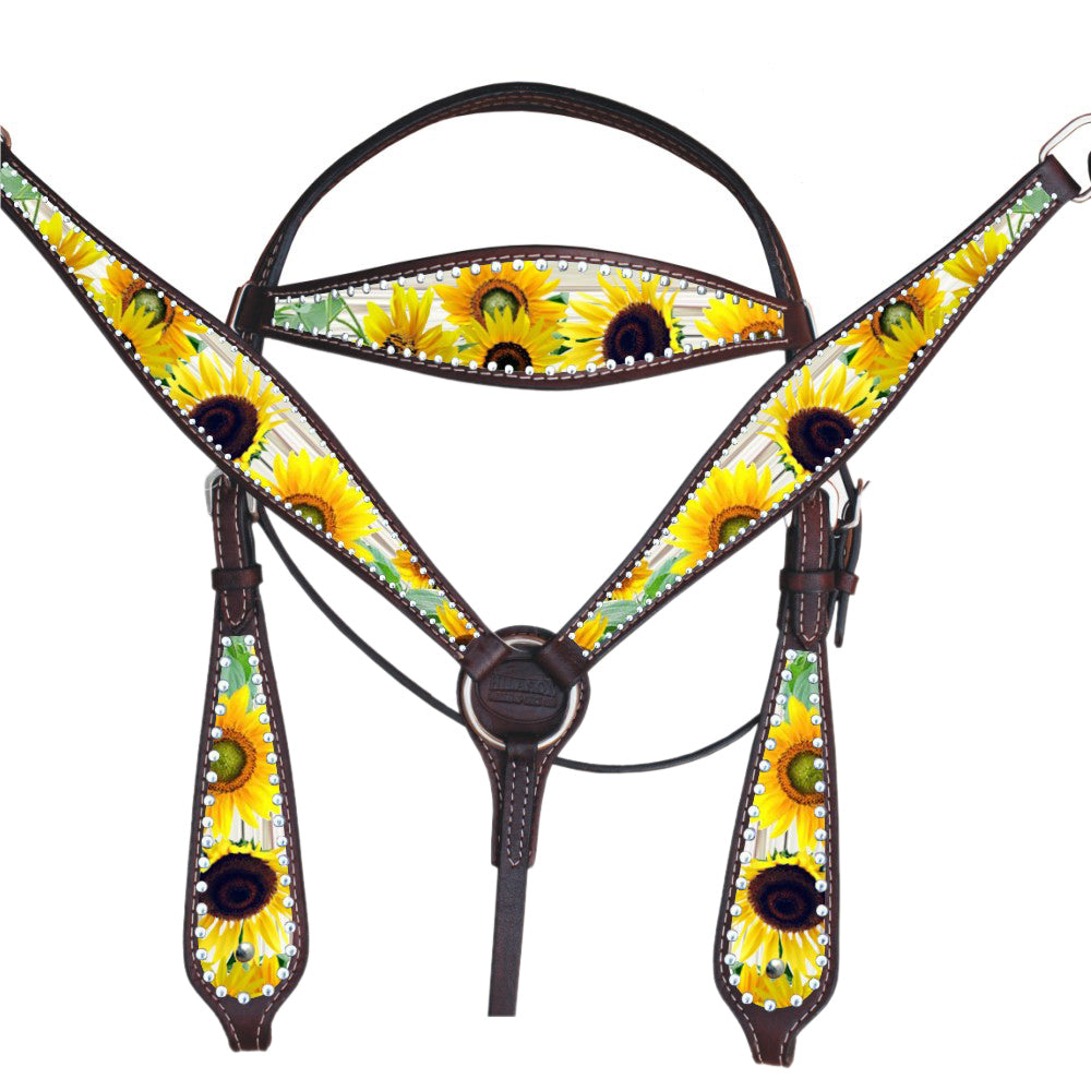 HILASON Western Horse Headstall Breast Collar American Leather Sunflower | Tack Set for Horses