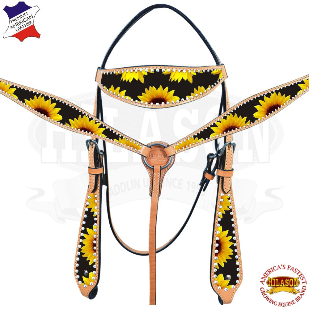 Hilason Western Horse Headstall Breast Collar American Leather Sunflower