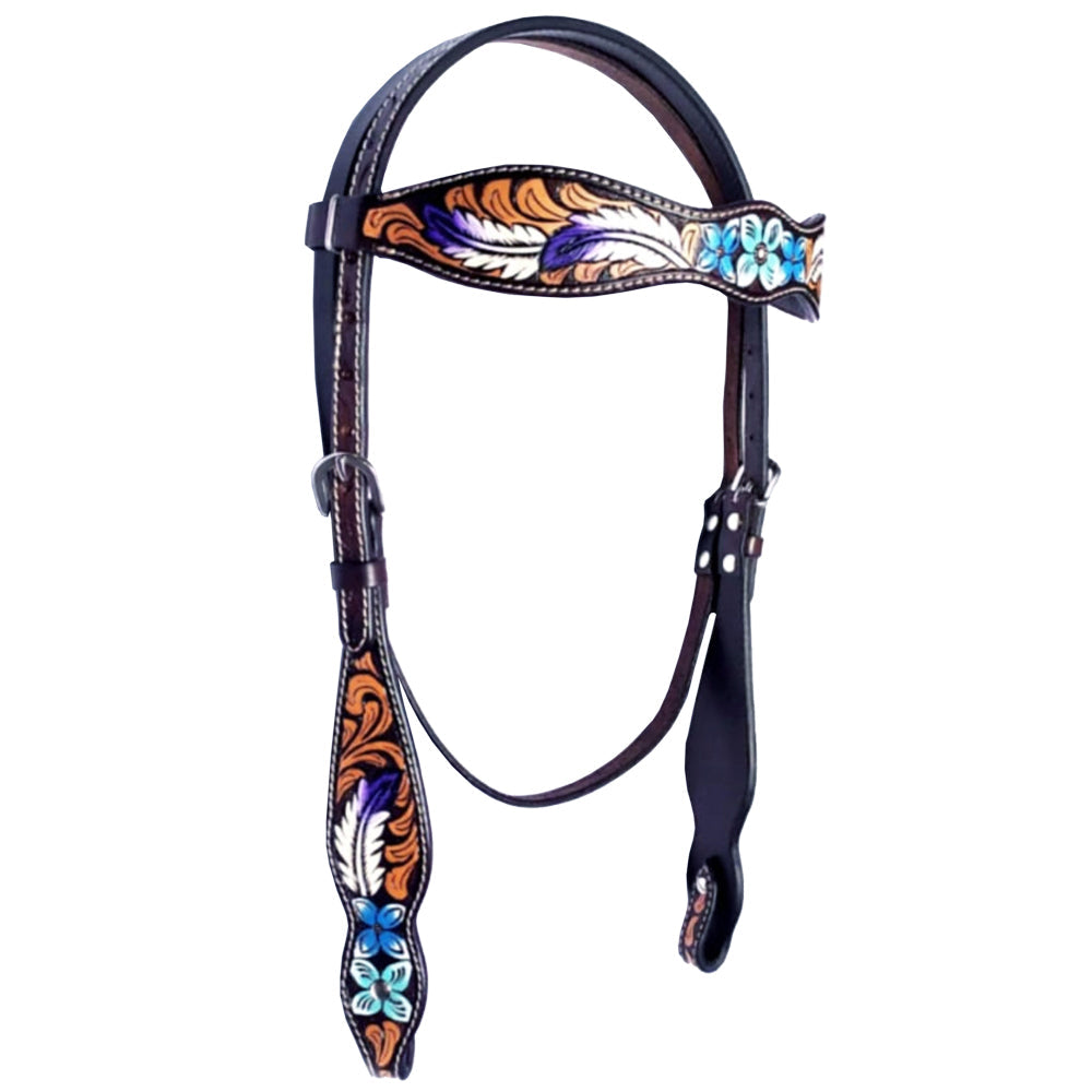 HILASON Western Horse Headstall American Leather Floral Tan Turquoise