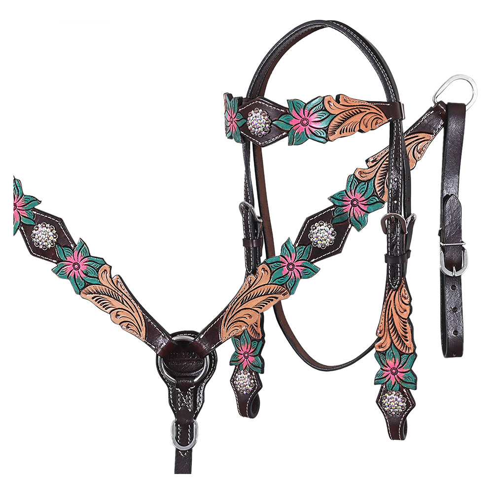 HILASON Western Horse Headstall & Breast Collar American Leather Hand Carving