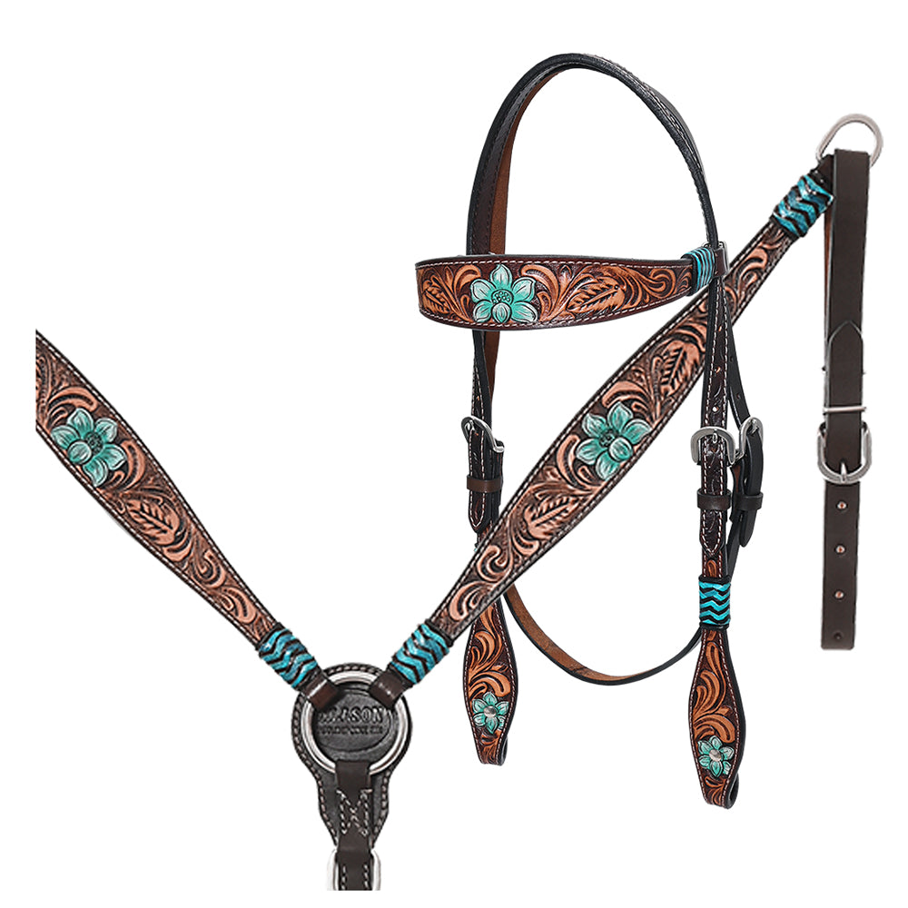 HILASON Western Horse Headstall Breast Collar Set American Leather Floral Tan Dark Brown