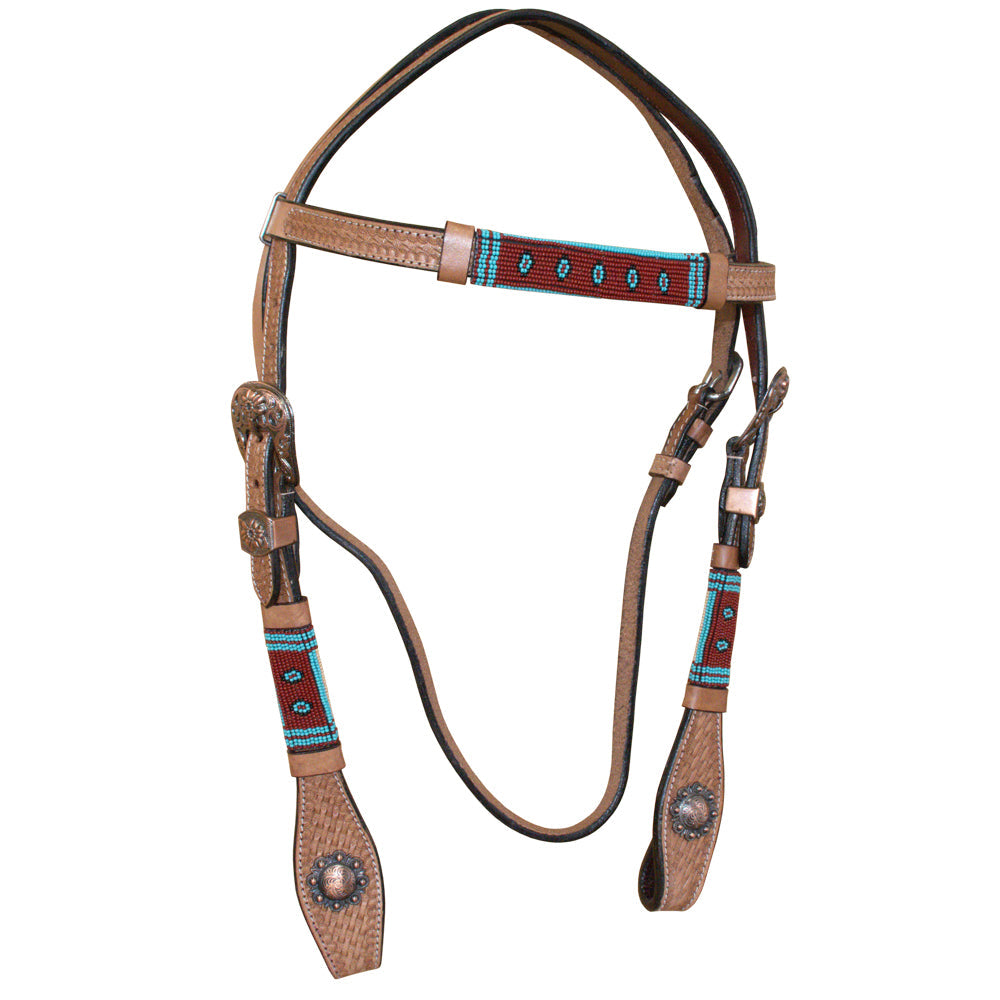 Western Horse Breast Collar Leather Tan Basket Weave With Beaded