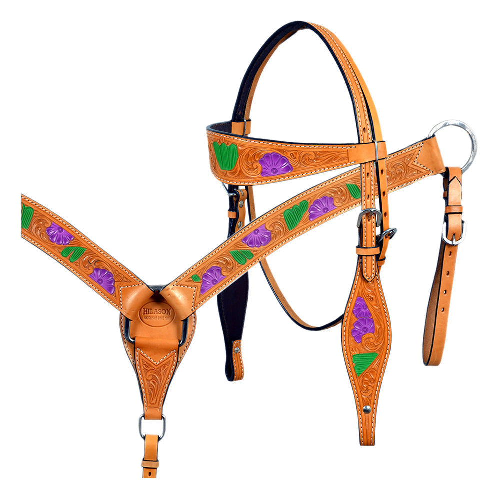 HILASON Western Horse Leather Headstall & Breast Collar Set Floral Cactus