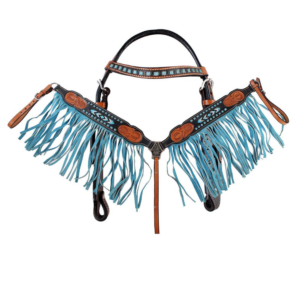 Hilason Western Horse Hand Tooled Genuine Leather Headstall Breast Collar Set Dark Brown