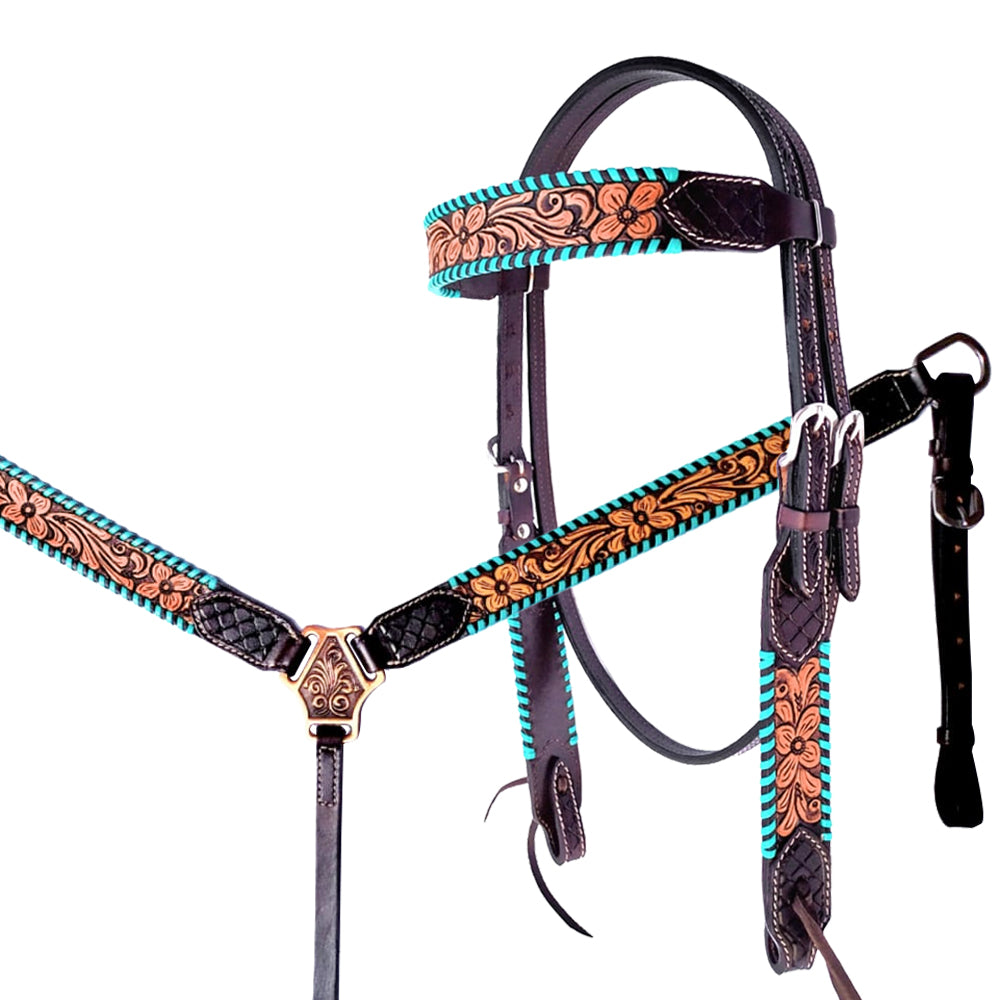 HILASON Western Horse Headstall Breast Collar American Leather w/ Floral Carving
