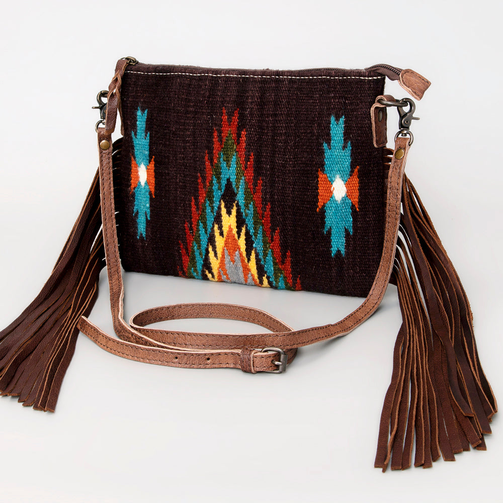 American Darling Western Cross body Bag Hand Tooled Floral Leather & Hand Woven Saddle Blanket with Fringes