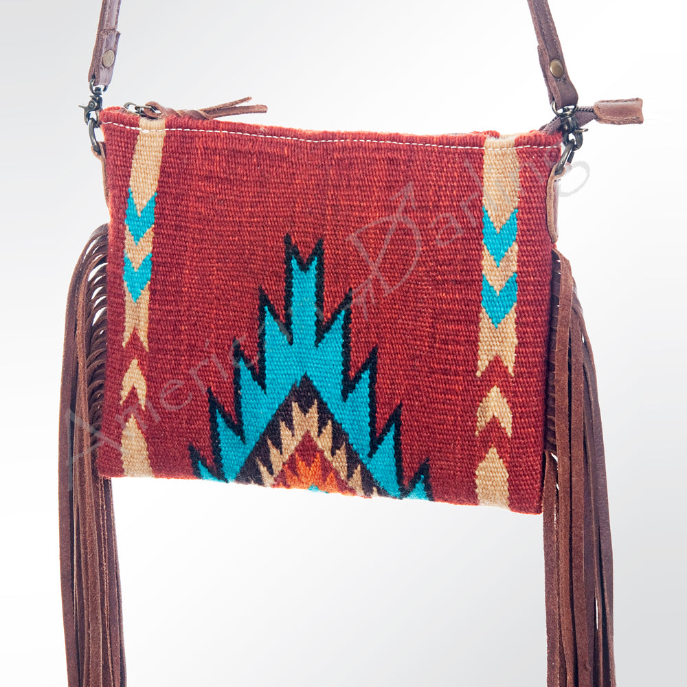 American Darling Western Cross body Bag Hand Tooled Floral Leather & Hand Woven Saddle Blanket with Fringes