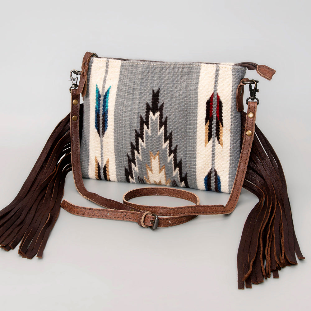 American Darling Western Cross body Bag Hand Tooled Floral Leather & Hand Woven Saddle Blanket with Fringes
