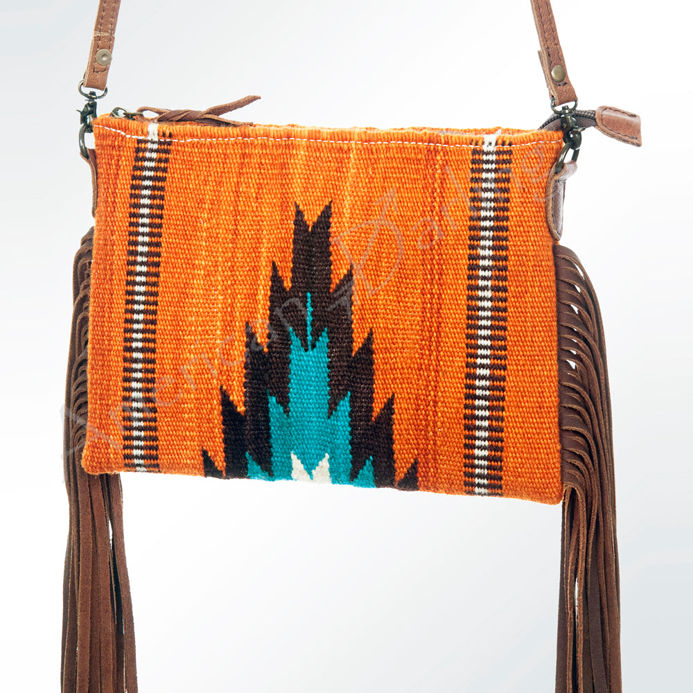 American Darling Western Cross body Bag Hand Tooled Floral Leather & Hand Woven Saddle Blanket with Fringes