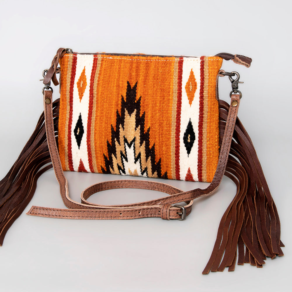 American Darling Western Cross body Bag Hand Tooled Floral Leather & Hand Woven Saddle Blanket with Fringes