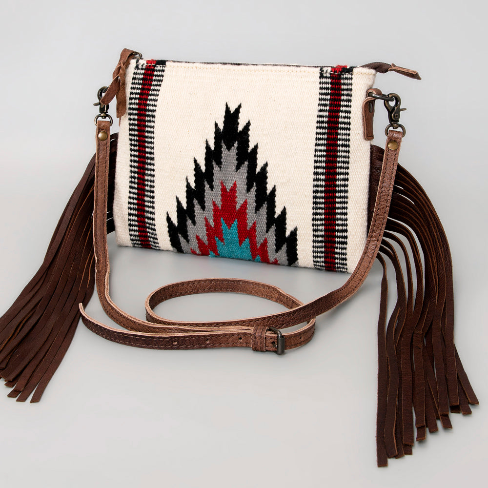 American Darling Western Cross body Bag Hand Tooled Floral Leather & Hand Woven Saddle Blanket with Fringes