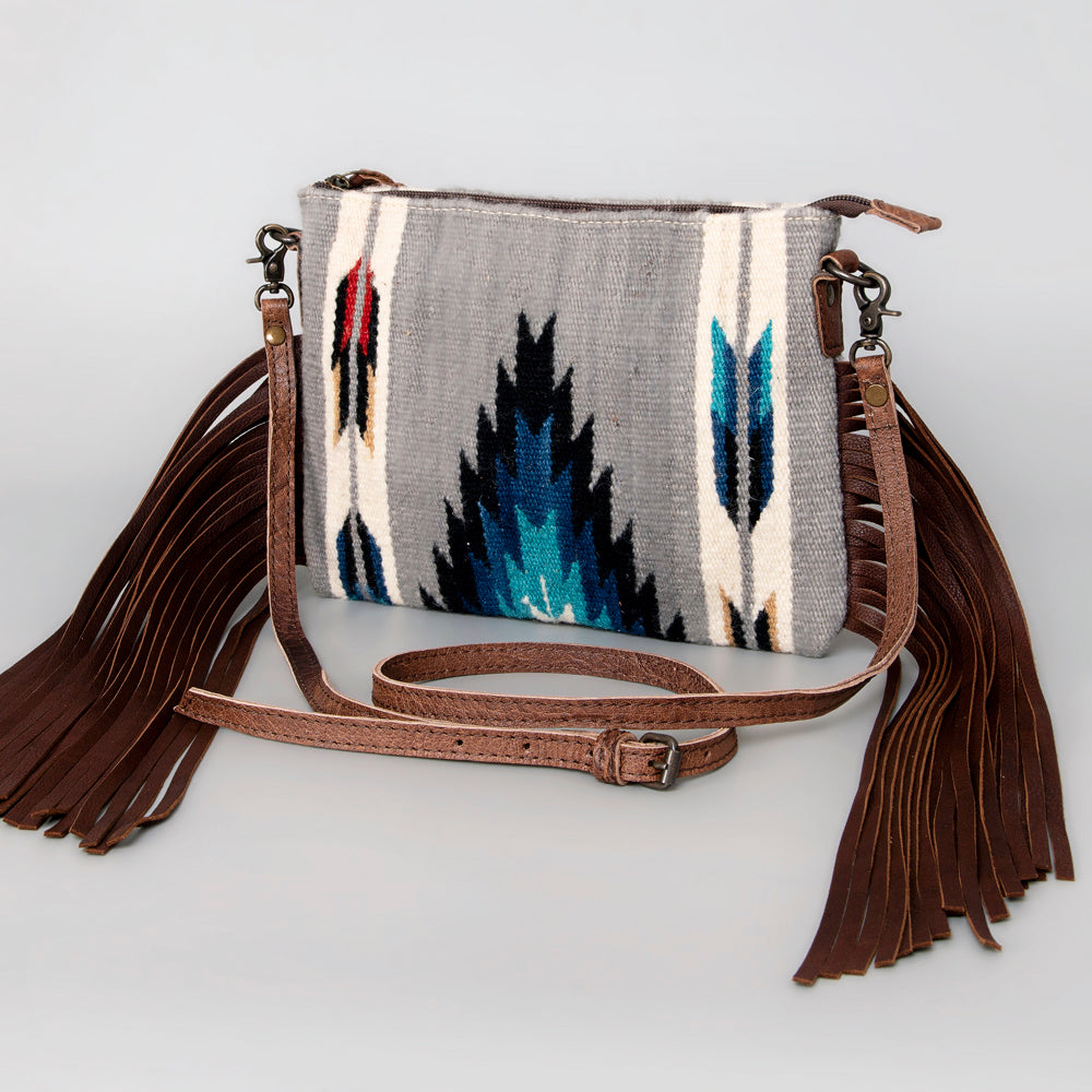 American Darling Western Cross body Bag Hand Tooled Floral Leather & Hand Woven Saddle Blanket with Fringes