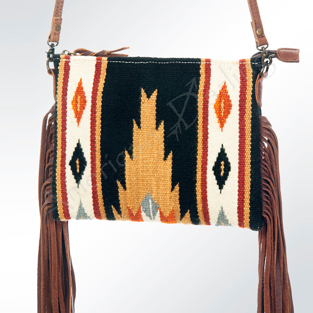 American Darling Western Cross body Bag Hand Tooled Floral Leather & Hand Woven Saddle Blanket with Fringes
