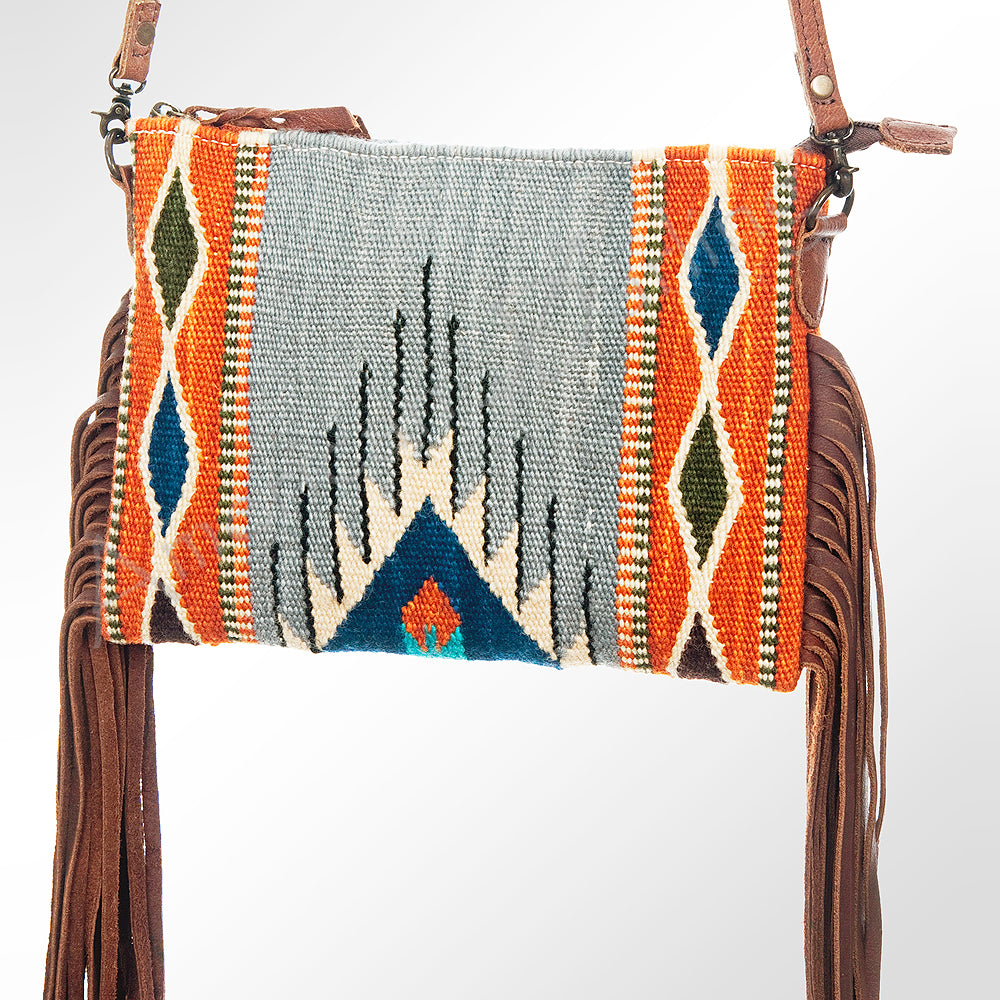 American Darling Western Cross body Bag Hand Tooled Floral Leather & Hand Woven Saddle Blanket with Fringes