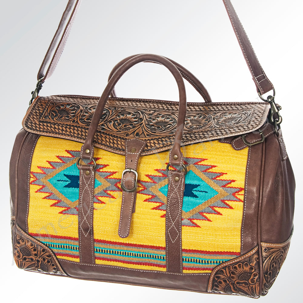 American Darling Duffel Bag Hand Tooled Floral Carved Hair-On Cowhide Genuine Vegetable Tanned Leather Travel Bag YKK Zipper