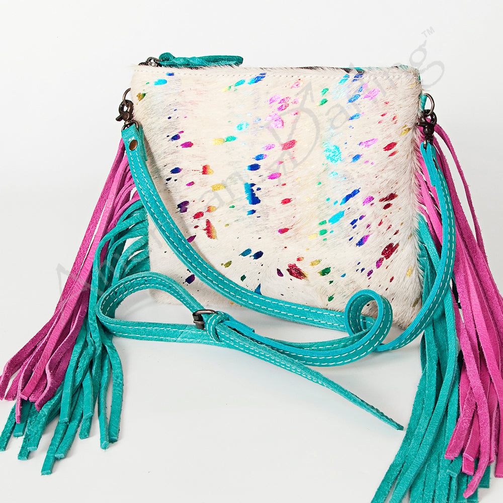American Darling Western Small Crossbody Bag – Genuine Hair-On Cowhide Leather with Fringes, Adjustable Strap, Handcrafted in Texas