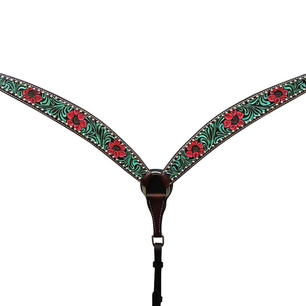 Bar H Equine American Leather Horse Saddle Tack One Ear Headstall Breast Collar Browband Wither Strap Set Botanic Chiseled