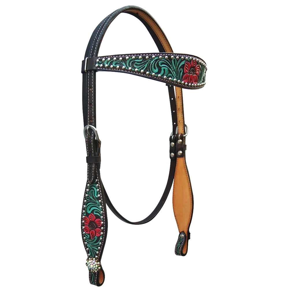 Bar H Equine American Leather Horse Saddle Tack One Ear Headstall Breast Collar Browband Wither Strap Set Botanic Chiseled
