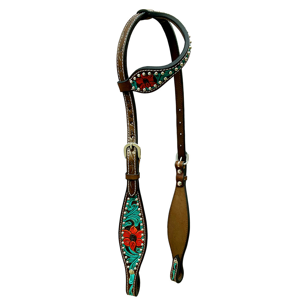 Bar H Equine American Leather Horse Saddle Tack One Ear Headstall Breast Collar Browband Wither Strap Set Botanic Chiseled