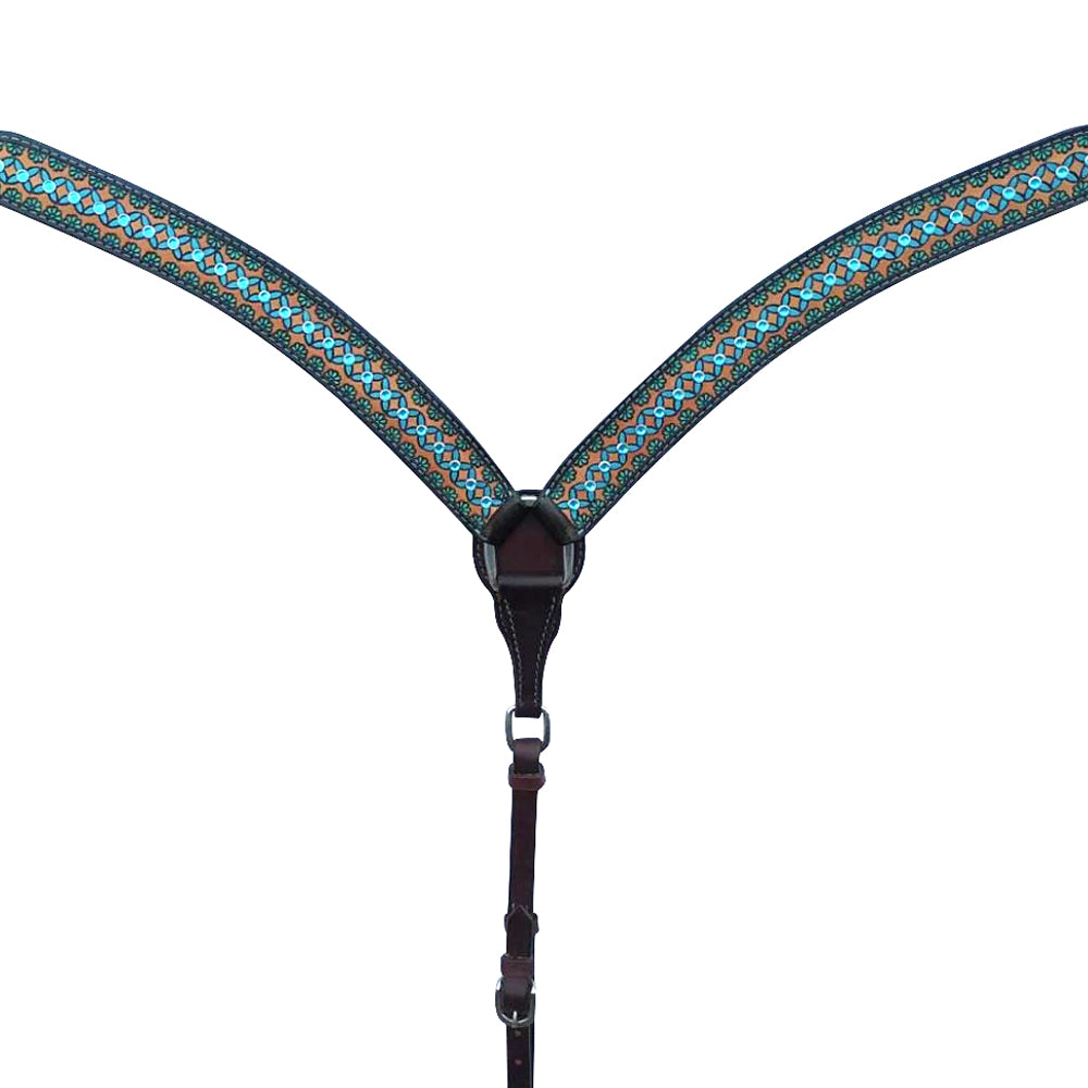 Bar H Equine American Leather Horse Saddle Tack One Ear Headstall Breast Collar Browband Wither Strap Set Turquoise Symmetry