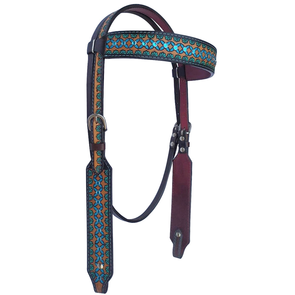 Bar H Equine American Leather Horse Saddle Tack One Ear Headstall Breast Collar Browband Wither Strap Set Turquoise Symmetry