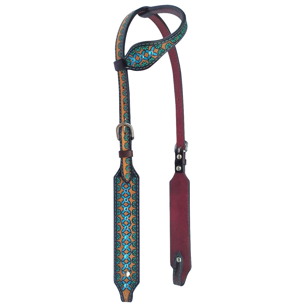 Bar H Equine American Leather Horse Saddle Tack One Ear Headstall Breast Collar Browband Wither Strap Set Turquoise Symmetry