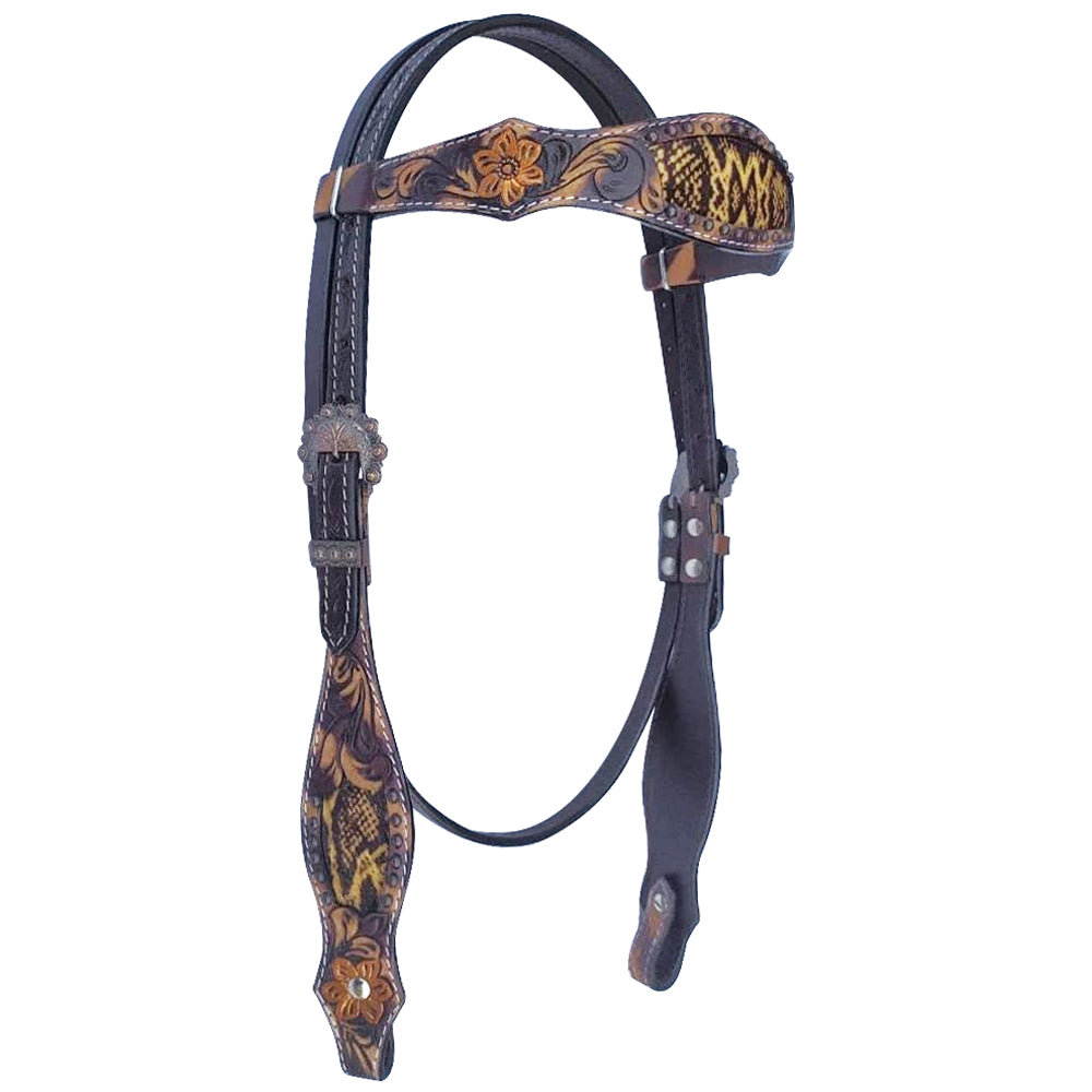 Bar H Equine American Leather Horse Saddle Tack One Ear Headstall Breast Collar Browband Wither Strap Set Tropical Snake