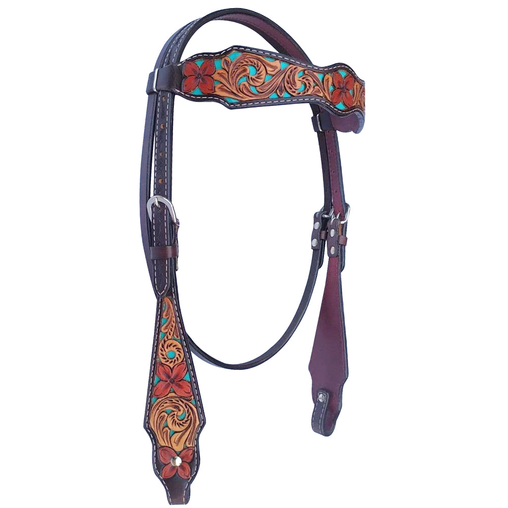 Bar H Equine American Leather Horse Saddle Tack One Ear Headstall Breast Collar Browband Wither Strap Set Tropical Turquoise