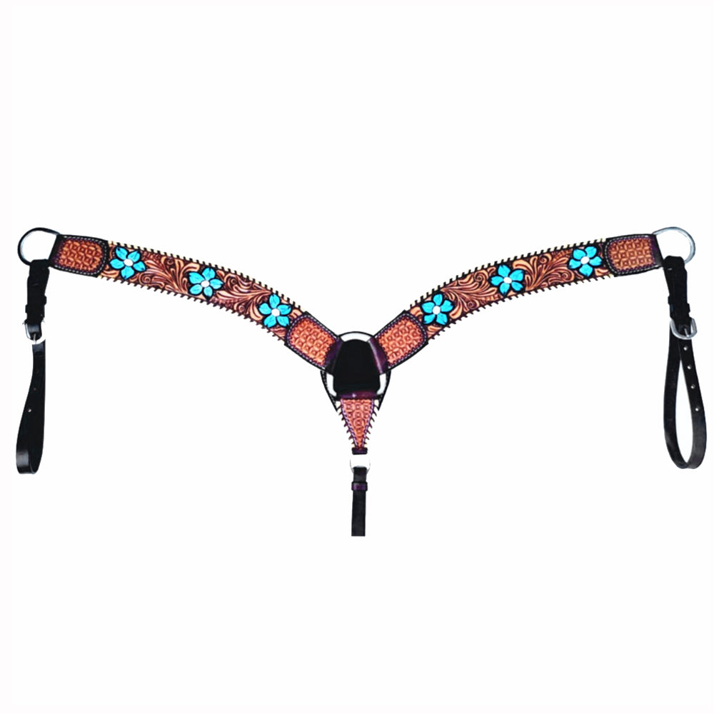 Bar H Equine American Leather Horse Saddle Tack One Ear Headstall Breast Collar Browband Wither Strap Set Turquoise Bloom