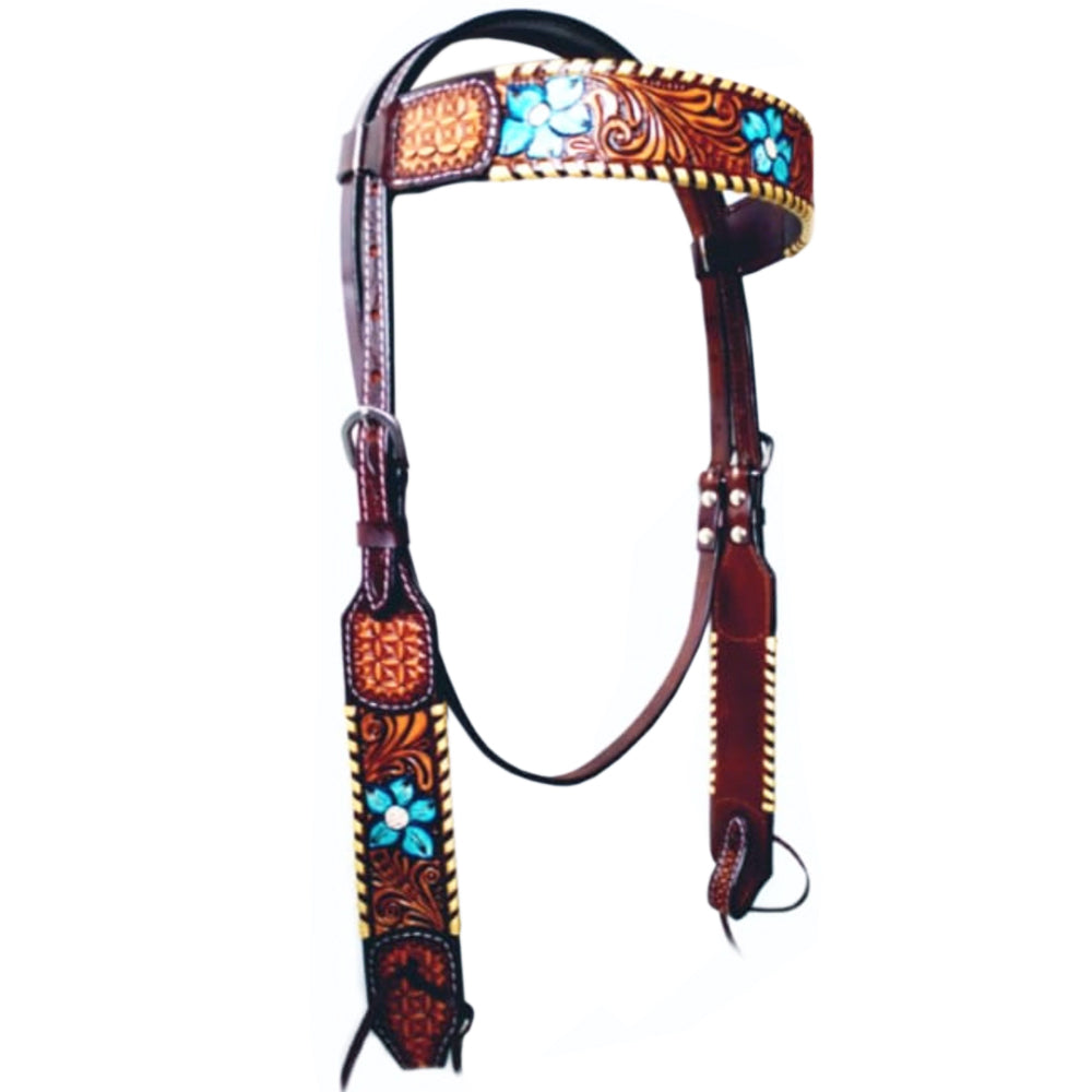 Bar H Equine American Leather Horse Saddle Tack One Ear Headstall Breast Collar Browband Wither Strap Set Turquoise Bloom