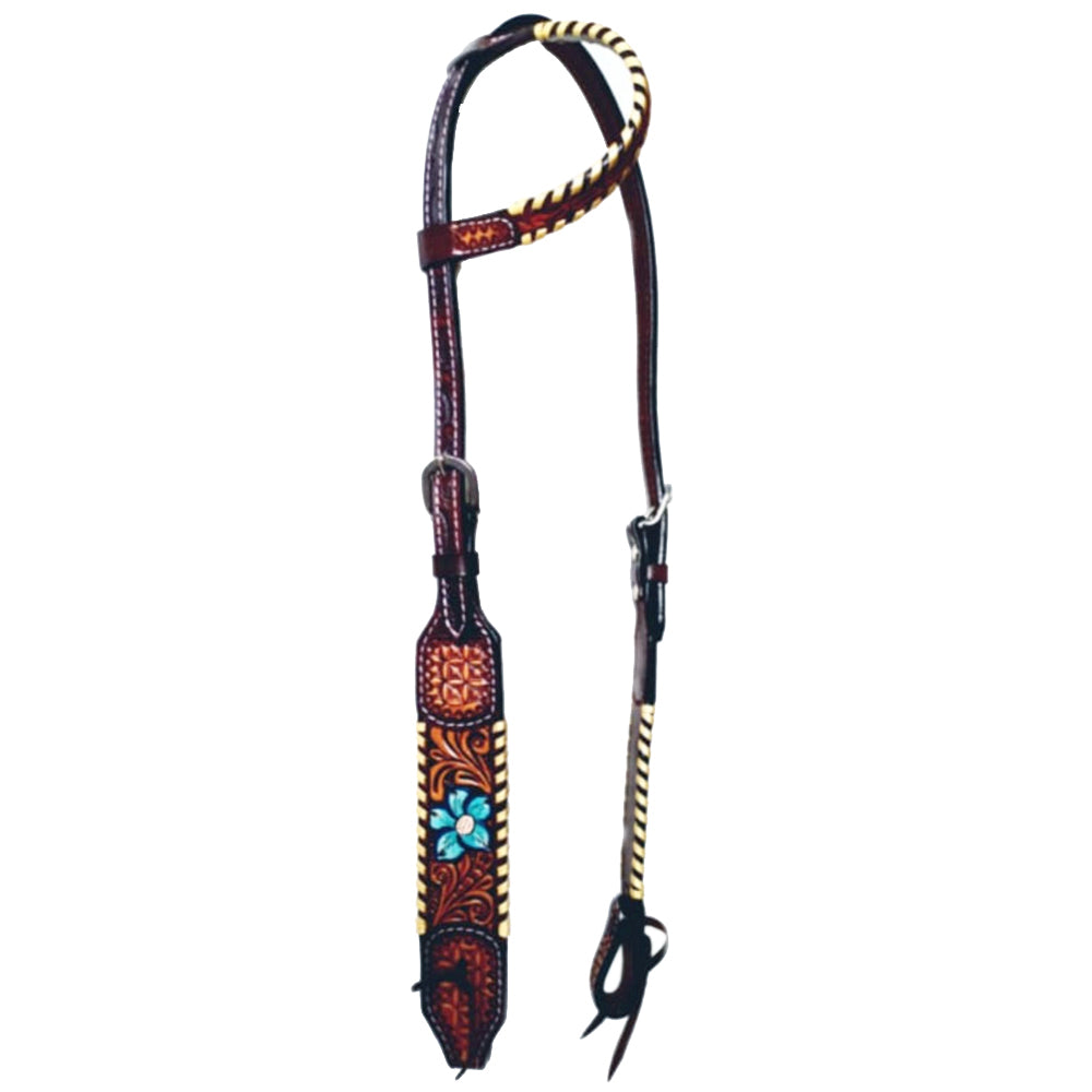 Bar H Equine American Leather Horse Saddle Tack One Ear Headstall Breast Collar Browband Wither Strap Set Turquoise Bloom