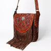 American Darling Messenger Bag, Hand Tooled Floral Carved Genuine Leather, Western Crossbody with Fringes & Turquoise Stone